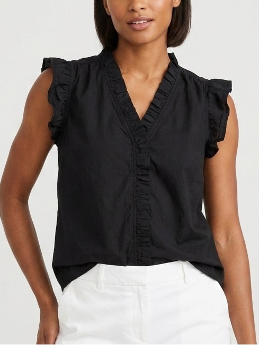 J. Crew Cotton Sleeveless Ruffle Top Button Front V Neck Solid Black Size Large